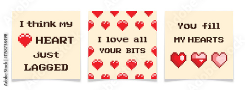 Pixel Art Heart Game Icon Valentines Day Cards Set