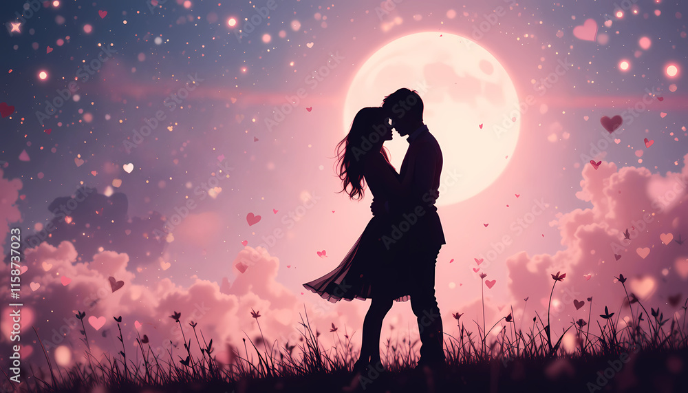 Silhouette of a couple embracing under a full moon with hearts in the sky Silhouette of a couple embracing under a full moon with hearts in the sky