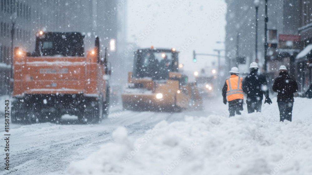 Workers managing traffic in heavy snowfall, ensuring safety and order during winter conditions. Snow covered streets and snowplows visible in background Workers managing traffic in heavy snowfall, ensuring safety and order during winter conditions. Snow covered streets and snowplows visible in background