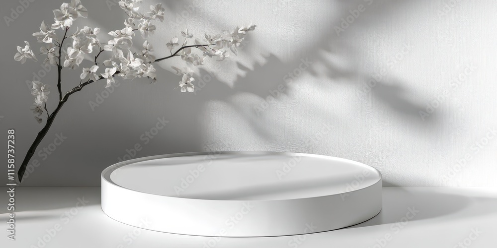 White Round Platform with White Flower Branch and Shadow on White Background White Round Platform with White Flower Branch and Shadow on White Background
