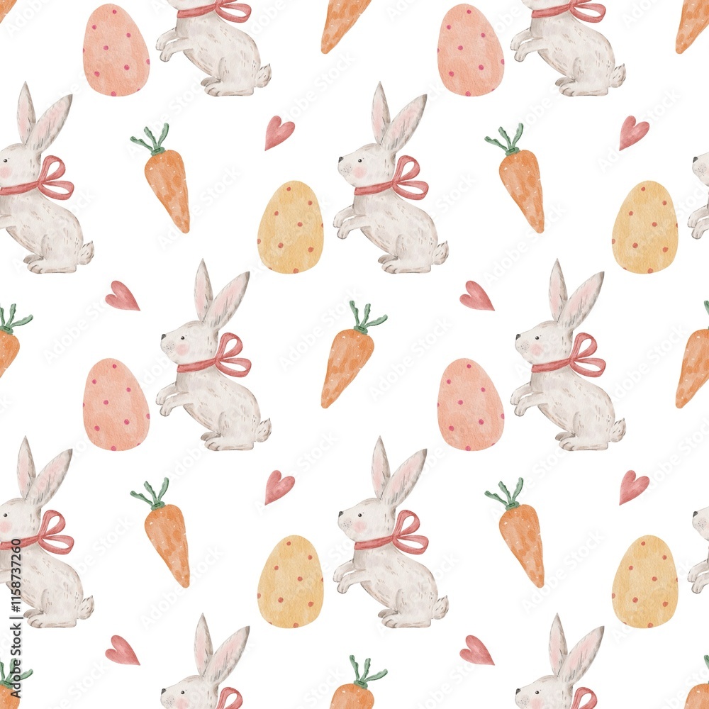 Obraz premium Seamless pattern with cute easter bunny, eggs, carrots. Easter pattern, rabbit fabric design, watercolor illustration. Happy Easter.