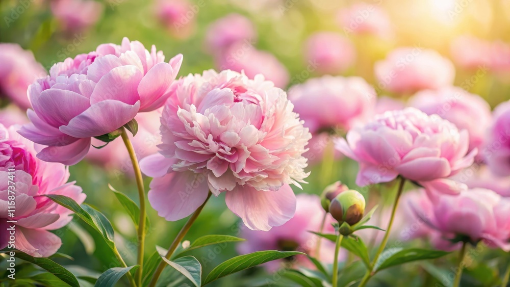 Soft pink peony flowers with delicate petals and gentle curves in a lush garden background, outdoor flowers , flower field Soft pink peony flowers with delicate petals and gentle curves in a lush garden background, outdoor flowers , flower field