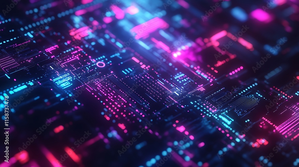 Abstract digital circuit board glowing with pink and blue neon lights. Abstract digital circuit board glowing with pink and blue neon lights.