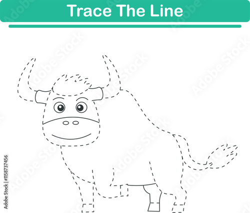 Trace line worksheets for children. Preschool handwriting practice with bull. Vector illustration