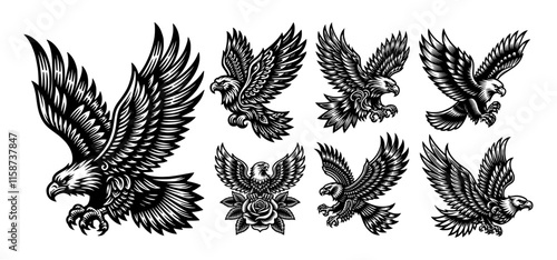 Heraldic Eagle with Wings, Flying Bird Vector Emblem for Tattoo, Design Set, Generative AI