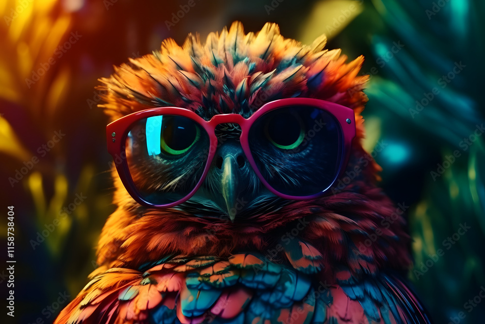 A vibrant and whimsical portrait of an owl wearing oversized red sunglasses, set against a colorful and artistic background, blending fashion, humor, and creativity in a unique composition A vibrant and whimsical portrait of an owl wearing oversized red sunglasses, set against a colorful and artistic background, blending fashion, humor, and creativity in a unique composition