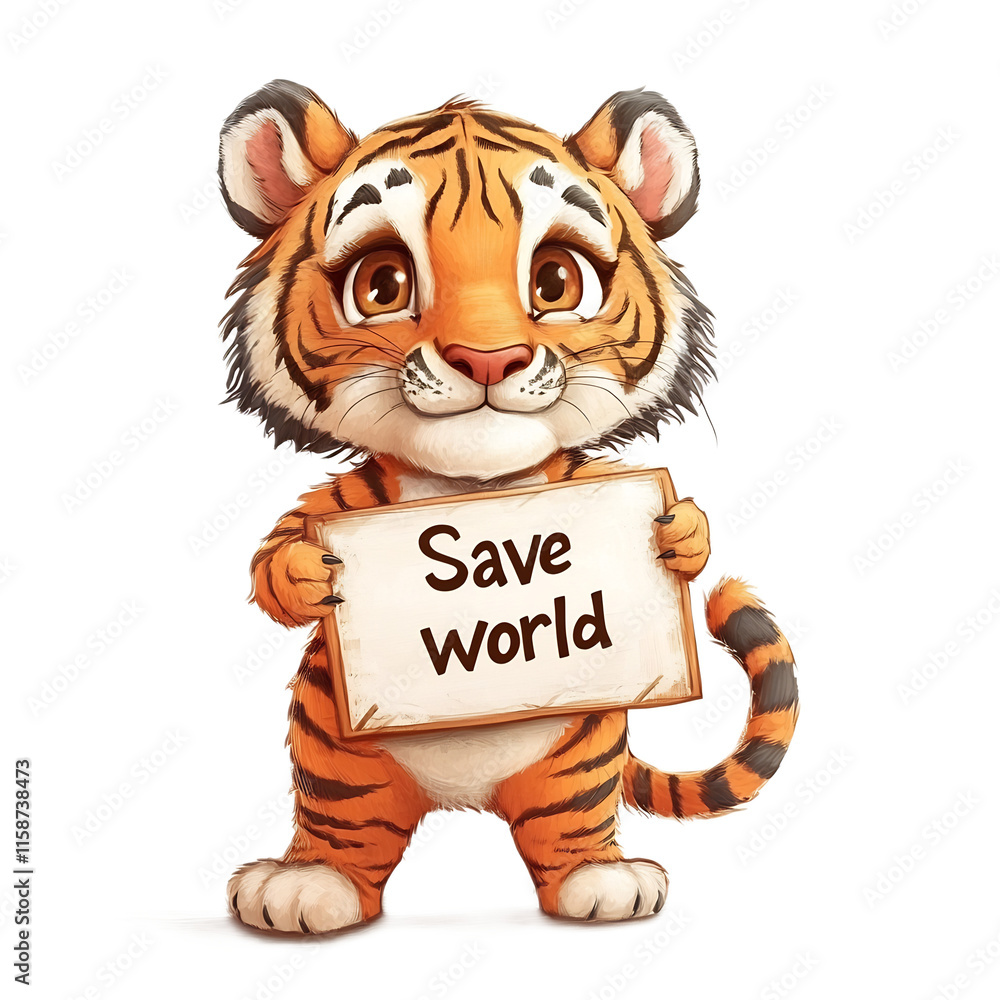 Cute Cartoon Tiger Holding Save World Sign for Environmental Conservation Cute Cartoon Tiger Holding Save World Sign for Environmental Conservation