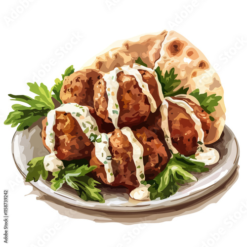 A watercolor vector painting of Greek falafel with tahini sauce and pita, isolated on a white background. Greek falafel vector.

