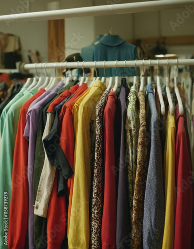 Wallpaper Mural Colorful clothes hanging on hangers in second hand clothing shop, charity shop, thrift store, vintage clothing boutique. Torontodigital.ca