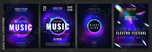 Music background. Sound symbol, light effect. Invitation neon party. Futuristic poster collection. Design flyer glitter night event. Ad musical show. Night club greeting on party. Vector sparkle set