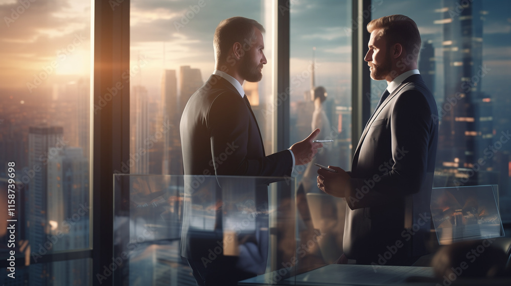 Fototapeta premium A businessman in a sleek suit standing by a large glass window, looking at a futuristic cityscape, holding a tablet with charts displayed, computer technologies