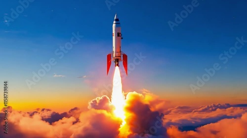 Rakieta startuje w niebo, pozostawiając za sobą ognisty ślad, otoczona żywymi kolorami, symbolizującymi siłę i dynamikę eksploracji kosmosu.