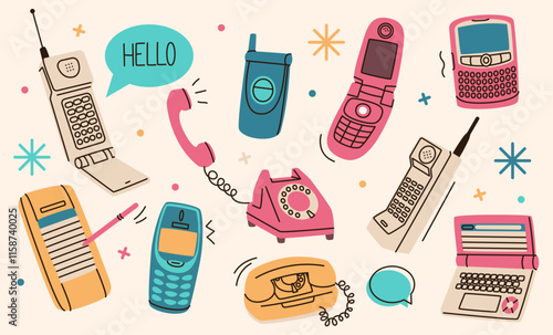 Phone vintage. Abstract doodle smartphone. Cartoon cord cellphone. Call contact. Modern retro style pattern. Wire old telephone. Cable or cellular devices. Mobile calling. Vector classic gadgets set