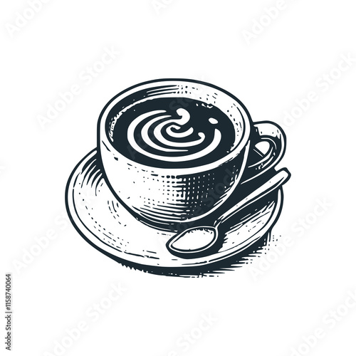 The cup of cappucinno. Black white vector illustration.