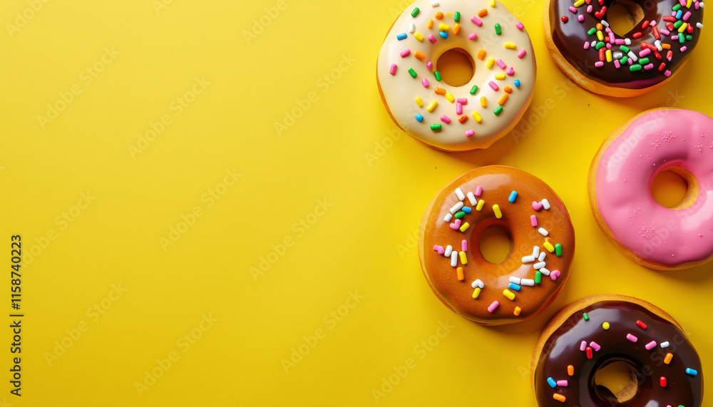 Fototapeta premium Colorful Donuts - with Sprinkles on Yellow Background