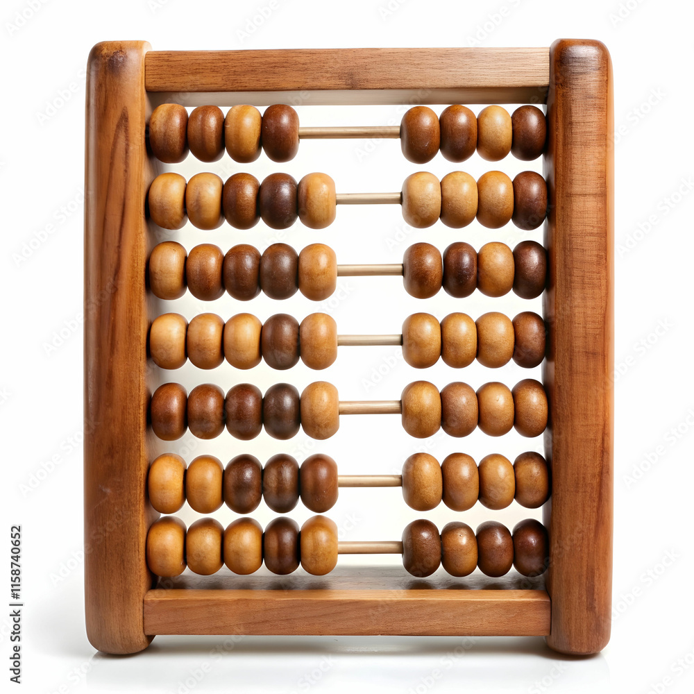 An old wooden abacus with colorful beads, set against a white background, ideal for historical, educational, An old wooden abacus with colorful beads, set against a white background, ideal for historical, educational,