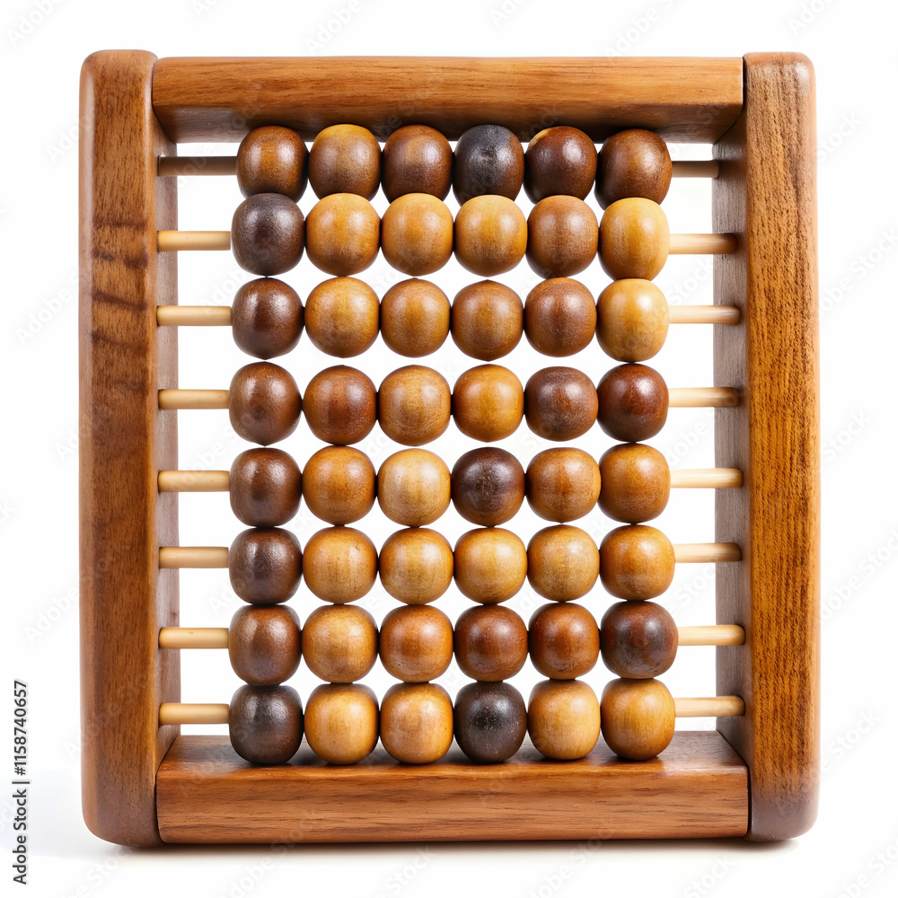 An old wooden abacus with colorful beads, set against a white background, ideal for historical, educational, An old wooden abacus with colorful beads, set against a white background, ideal for historical, educational,