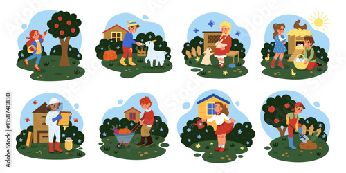 Child on farm. Baby in garden. Kid farmer. Children eating fruit. Farming animals. Honey hive. Little agriculture worker gardening. Vegetables harvest. Watering flowers. Vector tidy illustrations set