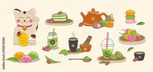 Asian food. Matcha drink and dessert. Green tea powder. Japanese Wagashi. Kawaii teapot and cupcake. Tapioca boba beverage. Glass bowl. Cup with mint. Maneki Neko. Mochi and dango. Vector sweets set