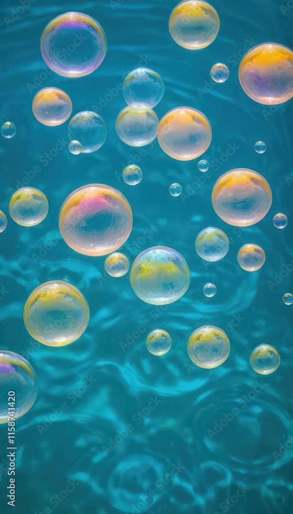 Colorful soap bubbles floating on turquoise water background. Colorful soap bubbles floating on turquoise water background.