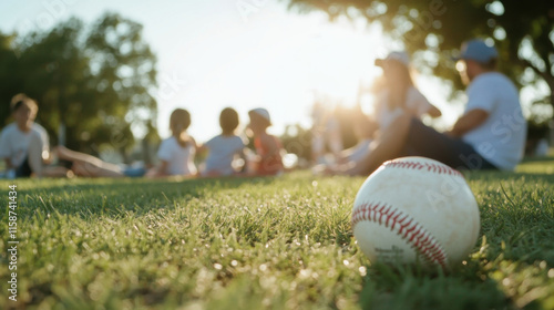 family enjoying baseball picnic in park, with baseball in focus on grass. warm sunlight creates cheerful atmosphere for fun day outdoors