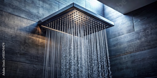 A water stream flows downwards from a high-pressure showerhead, creating a dramatic contrast between light and dark hues in the surrounding area , modern bathroom, architectural details photo