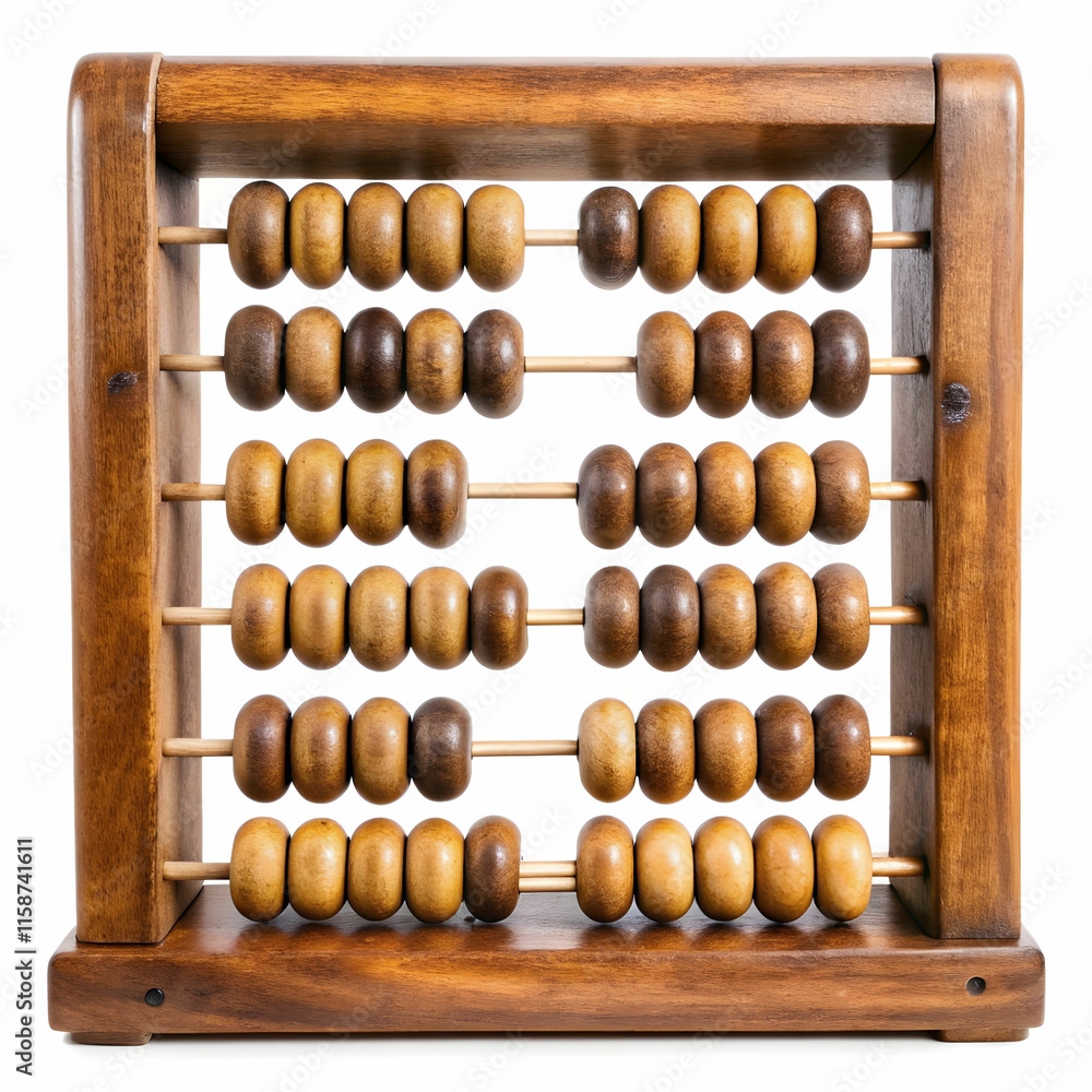 An old wooden abacus with colorful beads, set against a white background, ideal for historical, educational, An old wooden abacus with colorful beads, set against a white background, ideal for historical, educational,