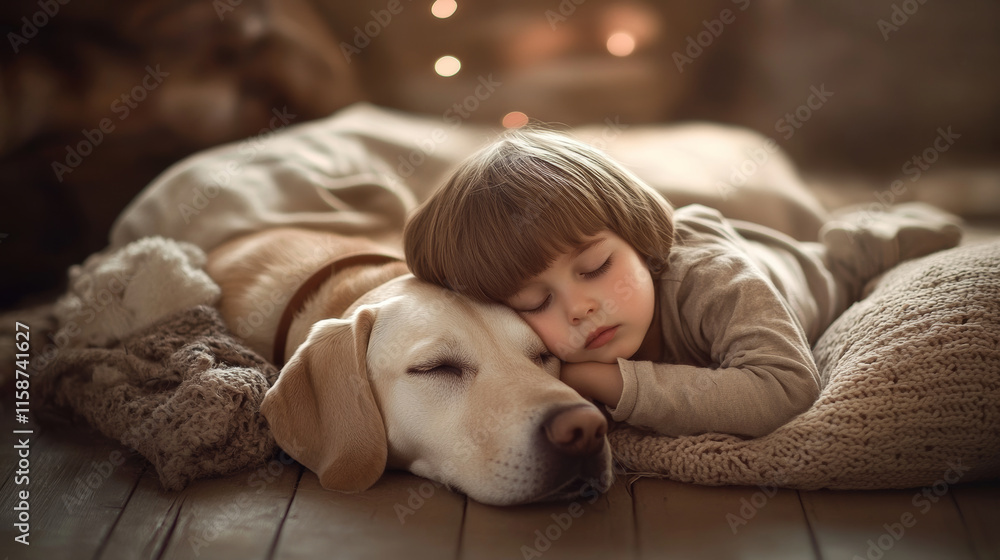 peaceful scene of child and Labrador dog sleeping together on cozy blanket, showcasing warmth and comfort in serene environment peaceful scene of child and Labrador dog sleeping together on cozy blanket, showcasing warmth and comfort in serene environment