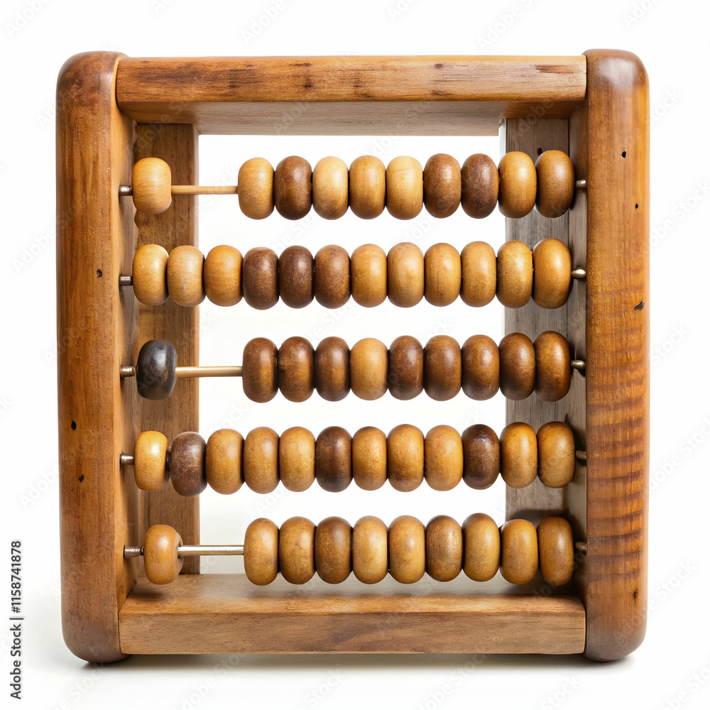 An old wooden abacus with colorful beads, set against a white background, ideal for historical, educational, An old wooden abacus with colorful beads, set against a white background, ideal for historical, educational,