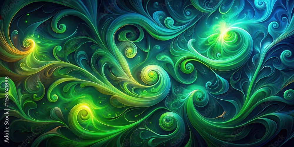 Mysterious green swirls dance in a dark blue background Mysterious green swirls dance in a dark blue background
