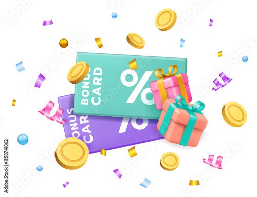 Bonus ticket. 3D coupon. Gift voucher. Discount percent. Gold coins. Present boxes and confetti. Render color cashback certificate. Marketing win promo. Holiday sale lottery. Vector promotion banner
