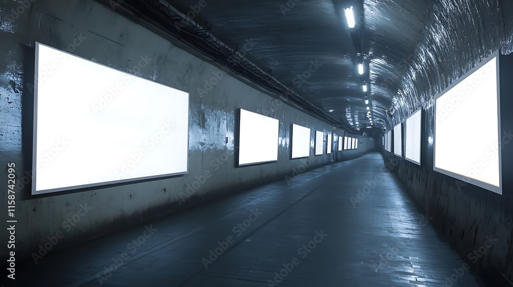 Blank billboards line a dark tunnel. Blank billboards line a dark tunnel.