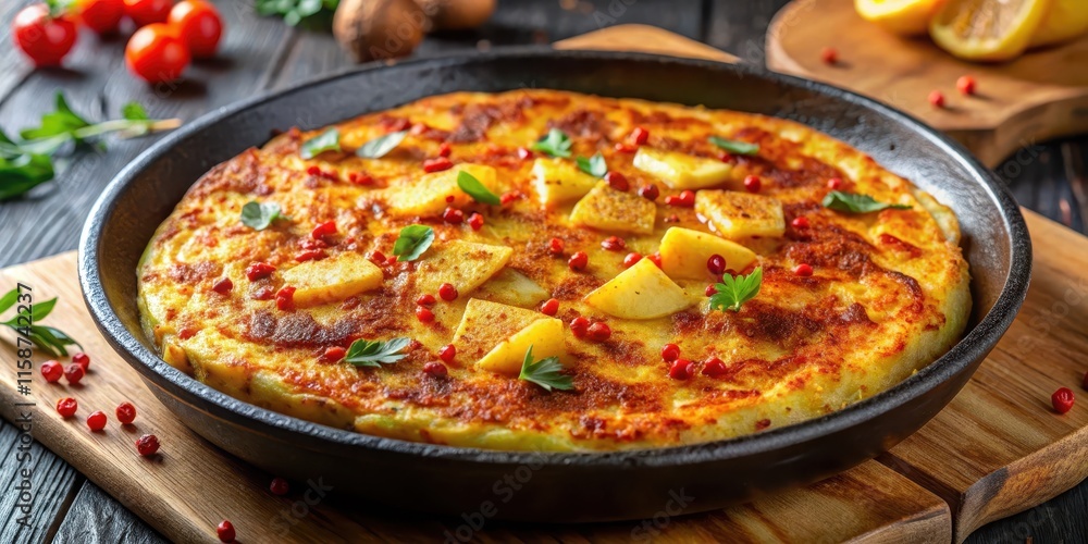 Crispy Tortilla de patatas in a pan, golden brown and slightly charred, with a sprinkle of paprika on top, spanish ingredients, tortilla de patatas Crispy Tortilla de patatas in a pan, golden brown and slightly charred, with a sprinkle of paprika on top, spanish ingredients, tortilla de patatas