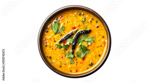 Bowl of yellow dal on a white background, cut out