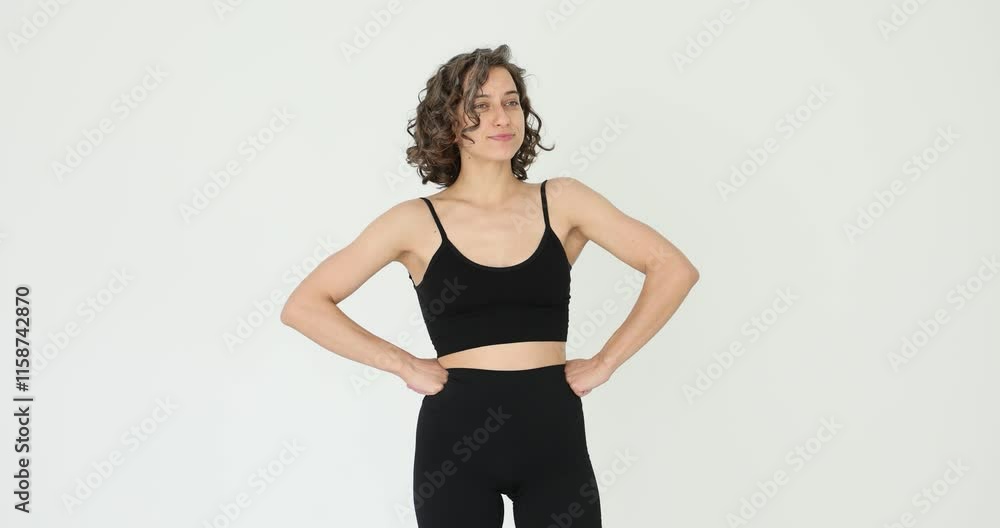 Woman showing fitness program and perfect figure on white background Woman showing fitness program and perfect figure on white background