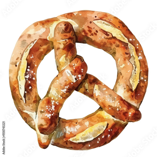 A watercolor vector painting of German pretzel with salt and mustard, isolated on a white background. German pretzel vector.

