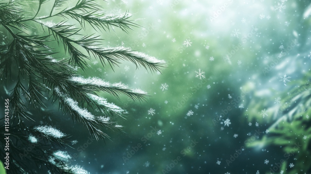 Obraz premium Closeup of a snow-covered evergreen branch in a quiet forest,