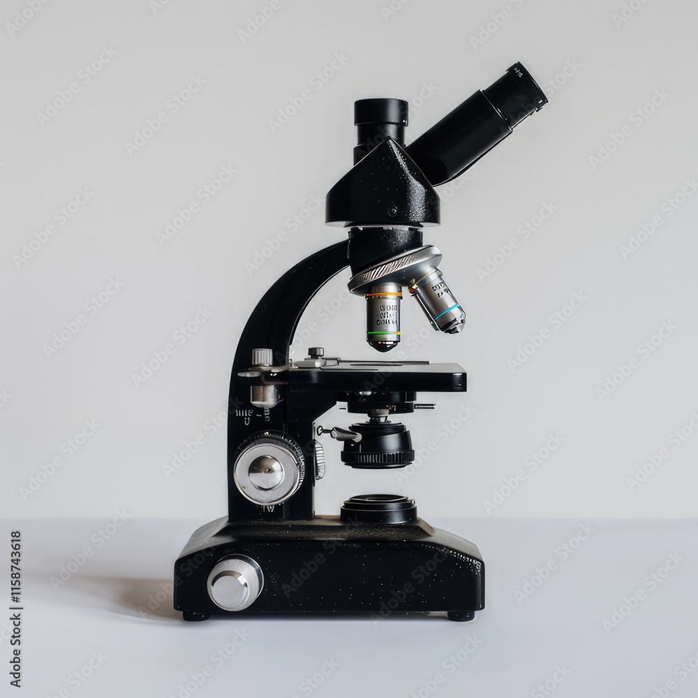 A black microscope designed for scientific observation and analysis of small specimens. isolated on white background A black microscope designed for scientific observation and analysis of small specimens. isolated on white background