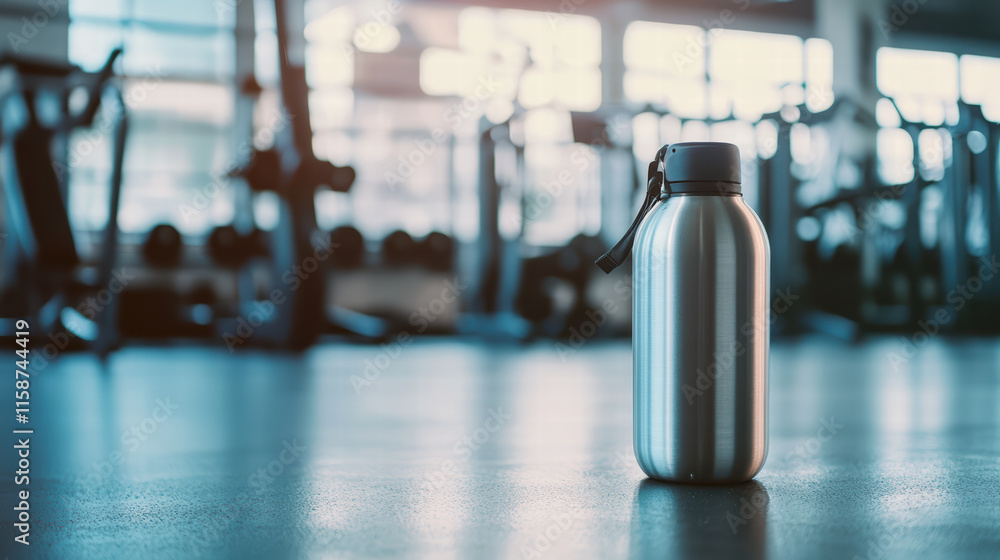 reusable water bottle stands prominently in gym setting, surrounded by weights and exercise equipment, promoting hydration and fitness reusable water bottle stands prominently in gym setting, surrounded by weights and exercise equipment, promoting hydration and fitness