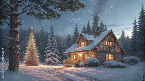 Christmas view of a house in the forest with falling snow