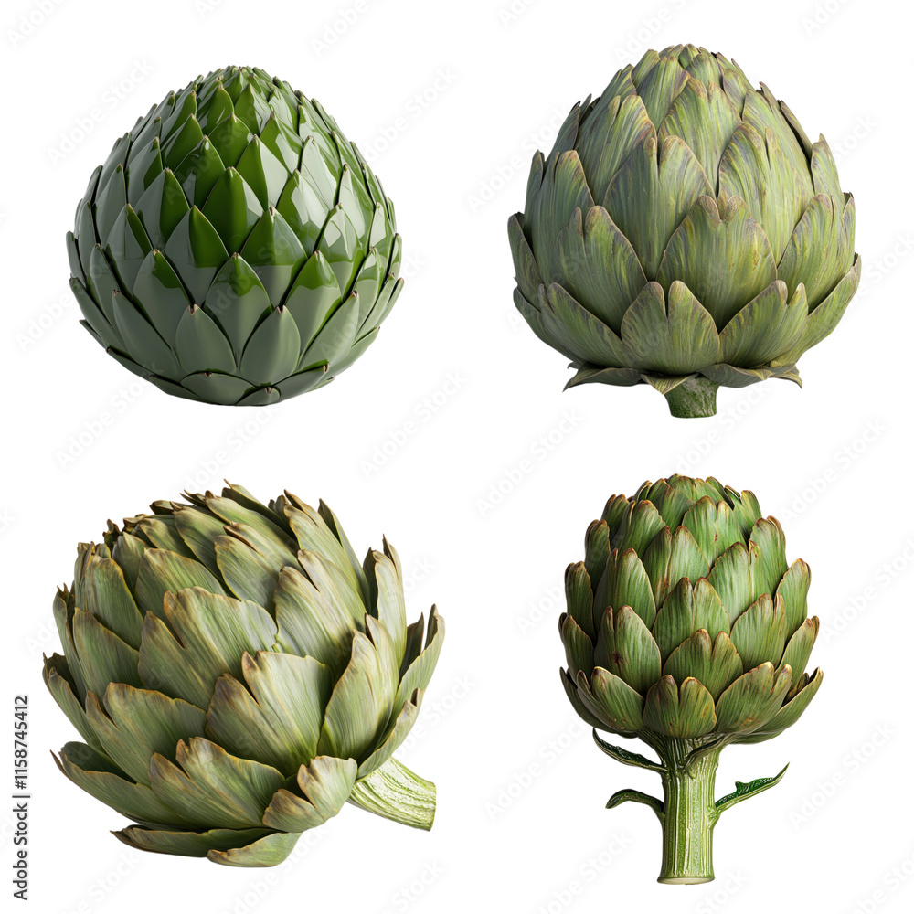 Artichoke vegetable in various angles and styles