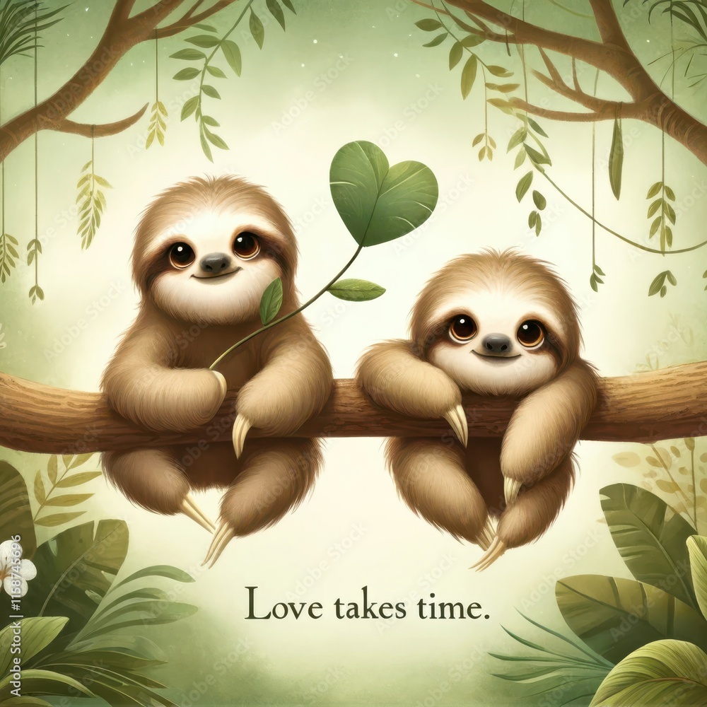 Obraz premium Cute sloths with heart 