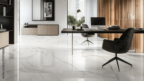 stylish office featuring marble flooring, modern furniture, and large windows. elegant design creates bright and inviting workspace