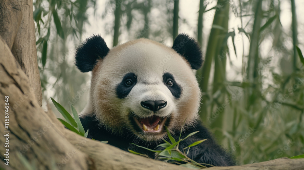 Obraz premium giant panda smiling amidst lush bamboo foliage, showcasing its playful nature and charm. This adorable creature captivates with its expressive face and vibrant surroundings