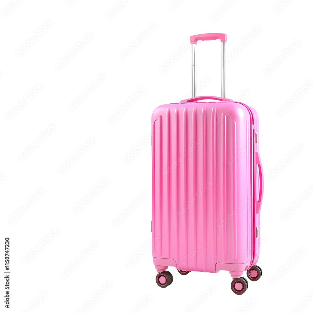A pink suitcase with a silver handle and black wheels on a black background. A pink suitcase with a silver handle and black wheels on a black background.