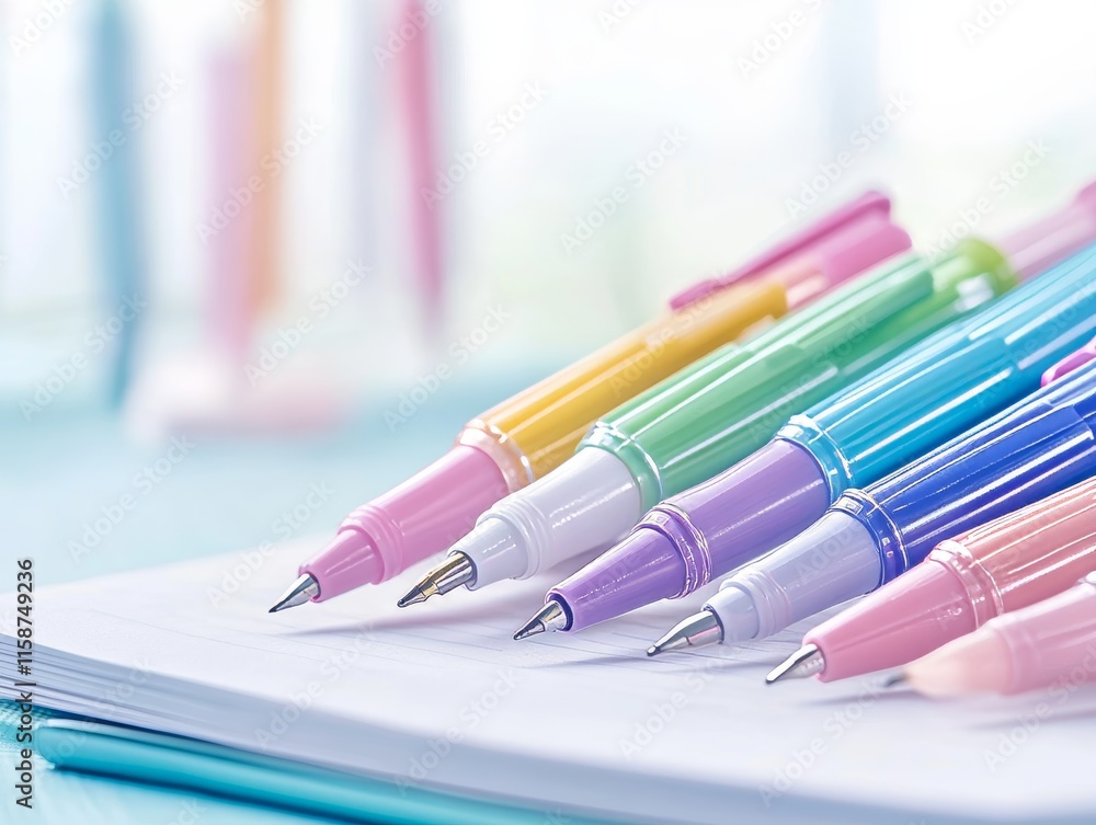 Fototapeta premium Row of colorful pencils placed on a lined notebook, ideal for creativity, school, or stationery visuals.