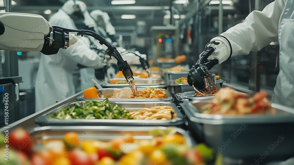 Workers supervising robotic food packaging systems in a high-tech facility Workers supervising robotic food packaging systems in a high-tech facility
