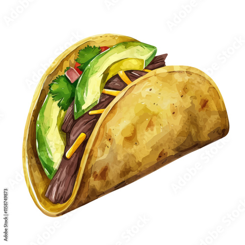 A watercolor drawing of a Mexican taco with beef and avocado, isolated on a white background. Taco vector.
