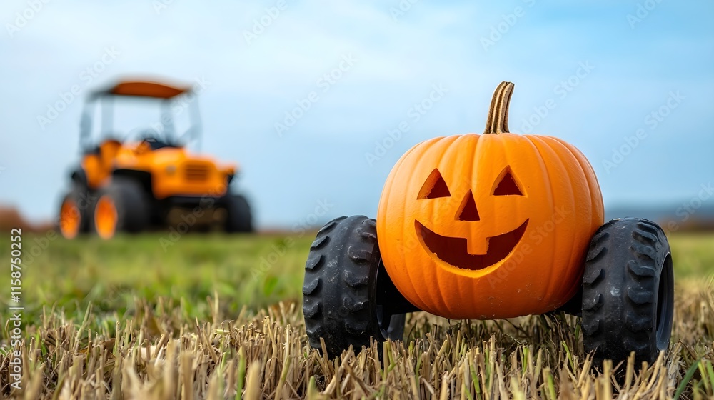 Obraz premium Halloween Pumpkin with Smile on Toy Tractor in Autumn Field