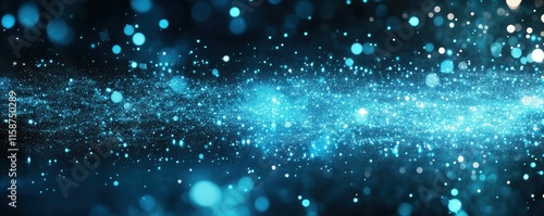 Abstract blue particle background with glowing bokeh effects. Digital network visualization with sparkling light dots and cosmic atmosphere. Futuristic tech concept banner. 8k